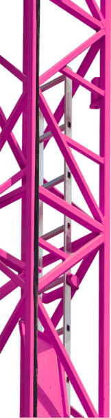 Pink steel framework of an automated warehouse storage rack with vertical ladder access